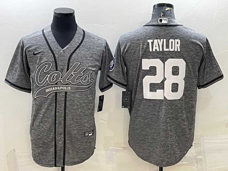 Mens Indianapolis Colts #28 Jonathan Taylor Grey Gridiron With Patch Cool Base Stitched Baseball Jerseys